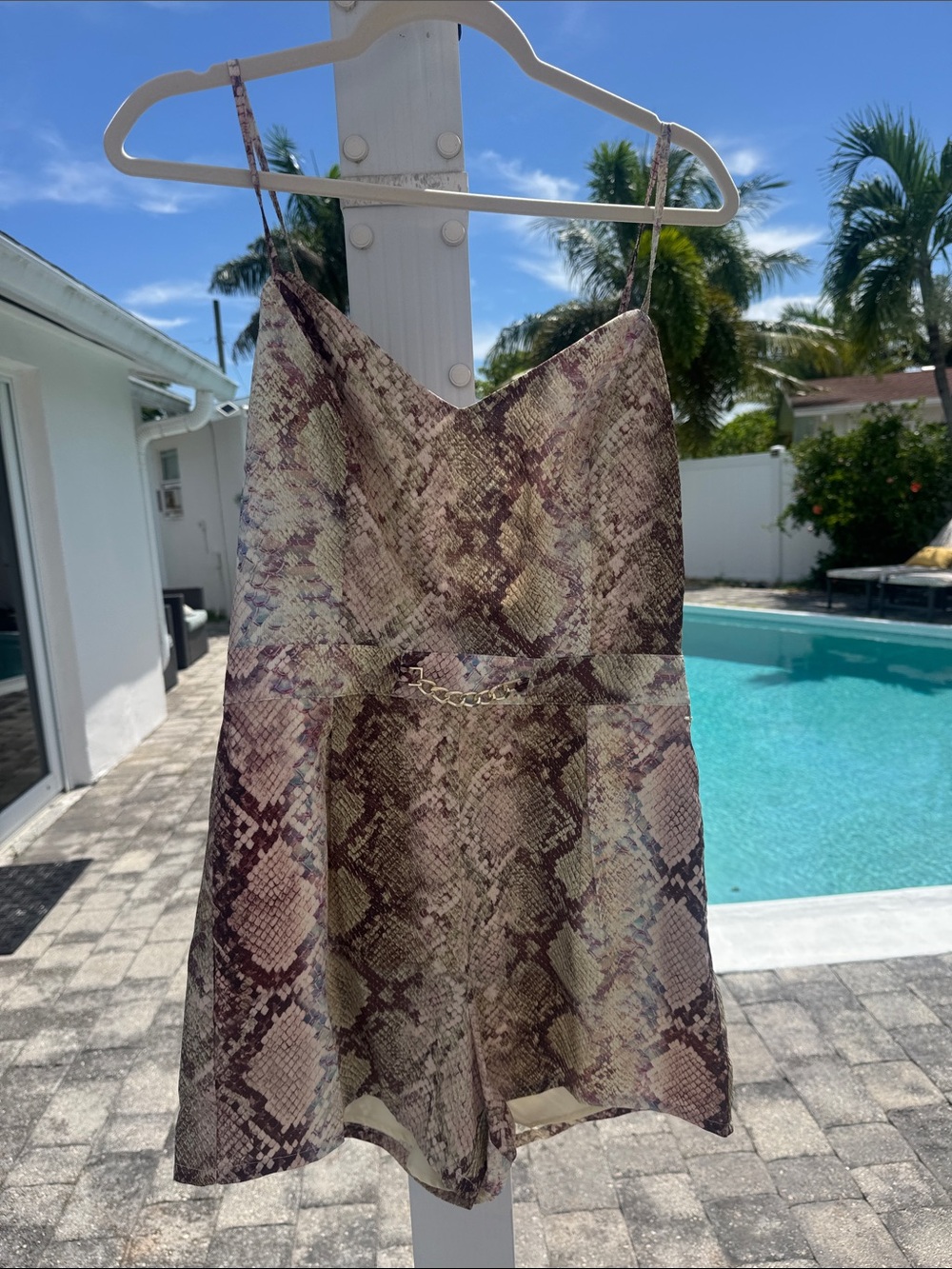 Guess Snake-Print Romper in Brown and Cream with Gold Chain Detail